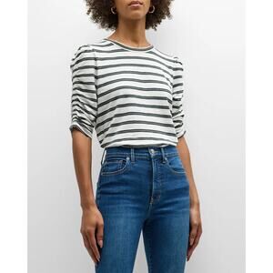 Women's Size XS Veronica Beard Waldorf Stripe Ruched-Sleeve Tee White Multi